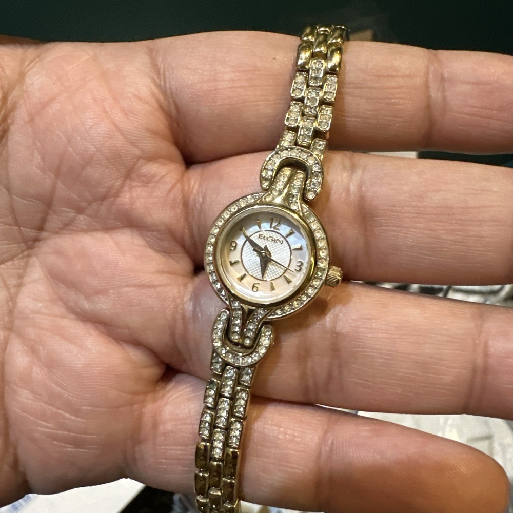 Works ELGIN Ladies Dainty Watch MOP Gold Tone Crystal New Battery 19mm Fit 6.75